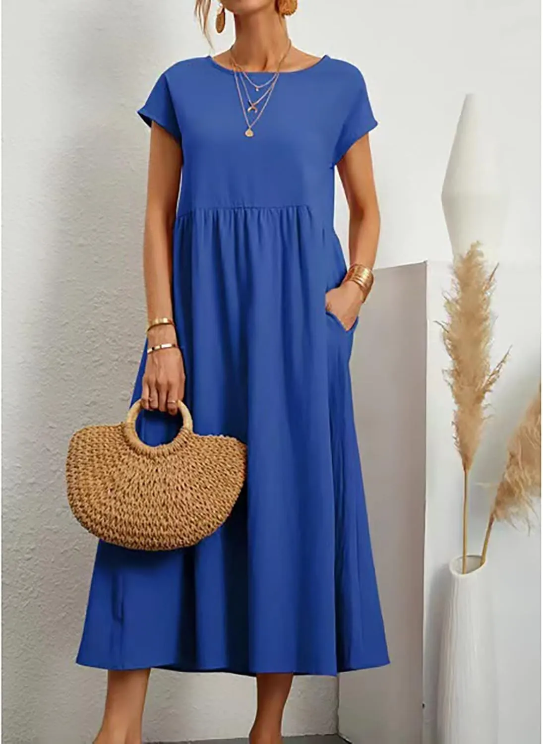 Women Cotton Maxi Dress 2024 Casual O Neck Cap Sleeve Midi Dress Summer Loose Fit Sundress with Pockets