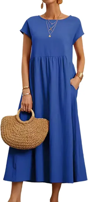 Women Cotton Maxi Dress 2024 Casual O Neck Cap Sleeve Midi Dress Summer Loose Fit Sundress with Pockets