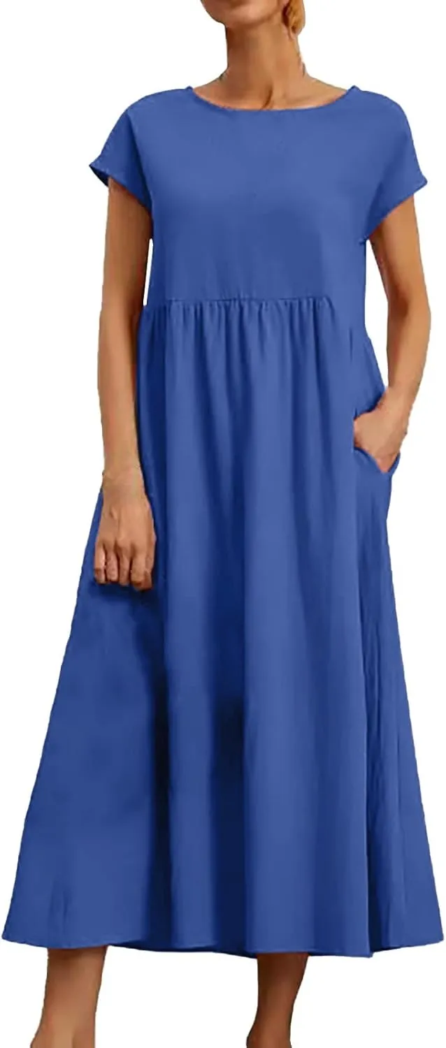 Women Cotton Maxi Dress 2024 Casual O Neck Cap Sleeve Midi Dress Summer Loose Fit Sundress with Pockets