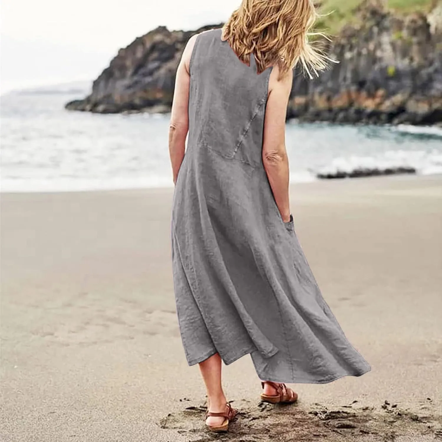 Women Dresses Linen Dress Summer Beach Dress Sleeveless Boho Maxi Long Dresses Casual with Pockects