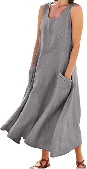 Women Dresses Linen Dress Summer Beach Dress Sleeveless Boho Maxi Long Dresses Casual with Pockects