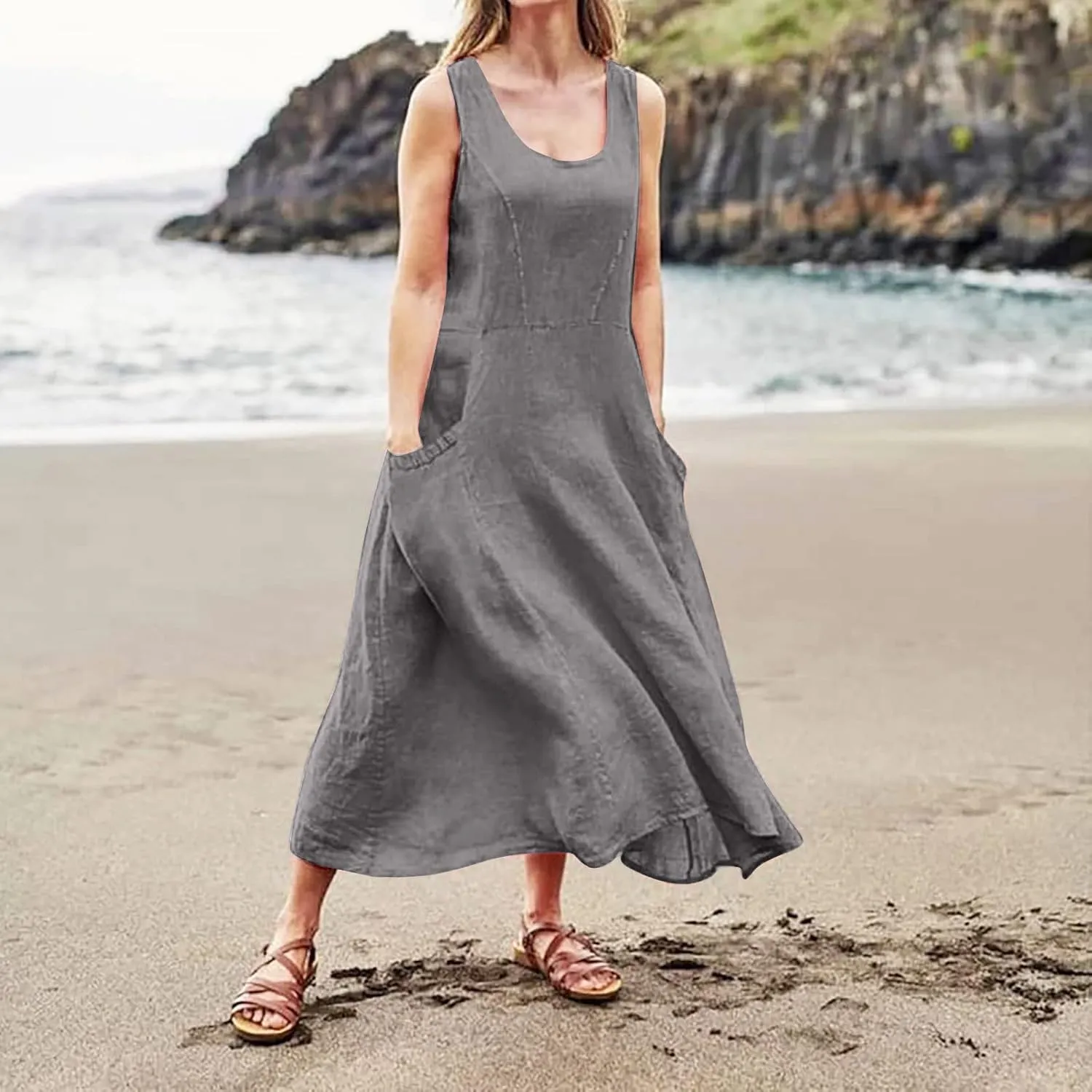 Women Dresses Linen Dress Summer Beach Dress Sleeveless Boho Maxi Long Dresses Casual with Pockects
