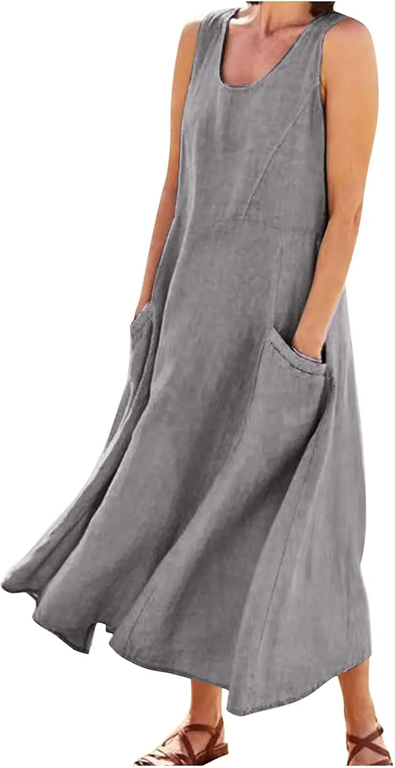 Women Dresses Linen Dress Summer Beach Dress Sleeveless Boho Maxi Long Dresses Casual with Pockects