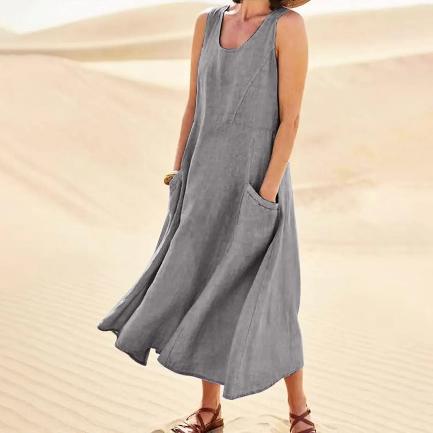 Women Dresses Linen Dress Summer Beach Dress Sleeveless Boho Maxi Long Dresses Casual with Pockects