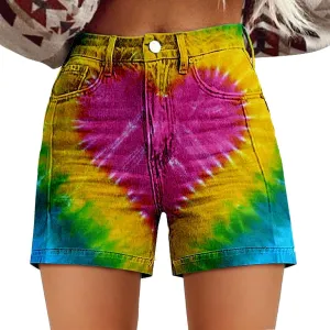 Women Jean Shorts Summer High Waisted Stretchy Denim ArtRetro Printed Distressed Cut Off Casual Shorts with Pockets