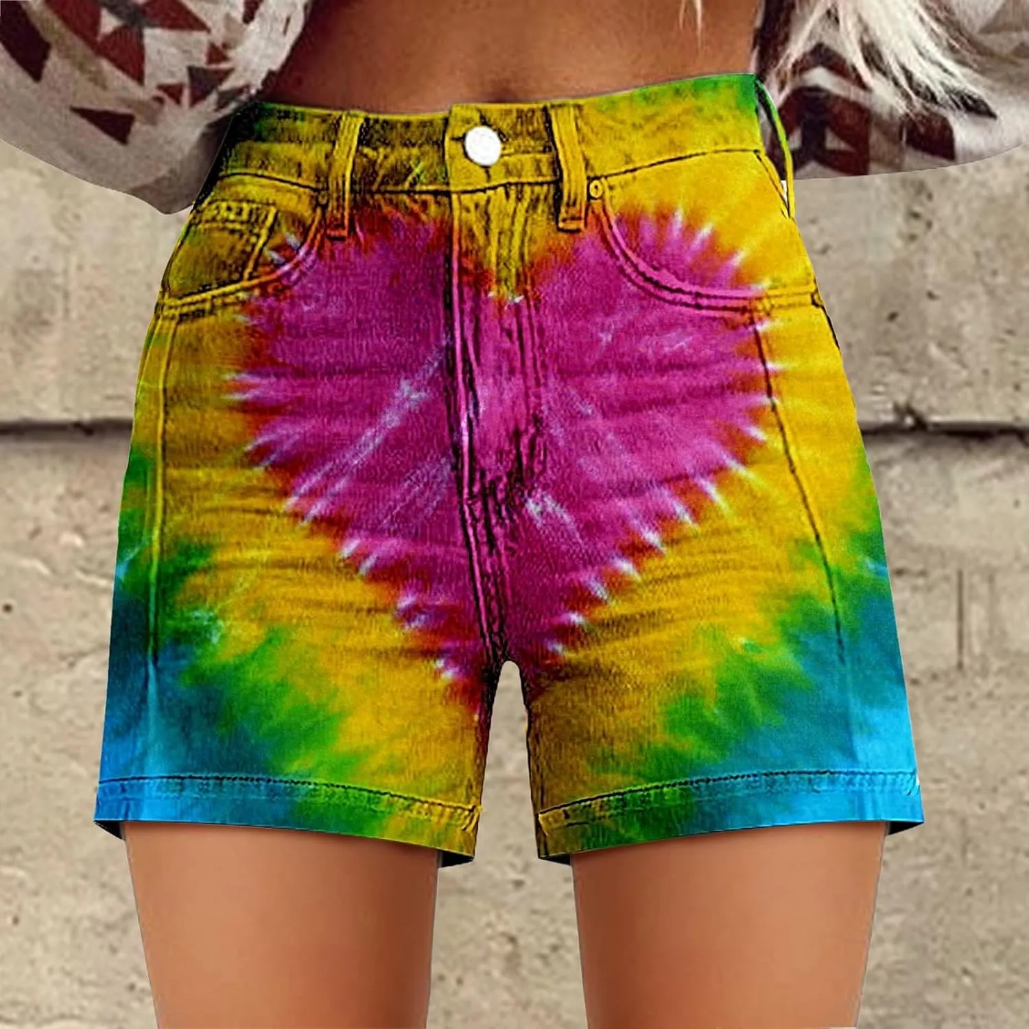 Women Jean Shorts Summer High Waisted Stretchy Denim ArtRetro Printed Distressed Cut Off Casual Shorts with Pockets