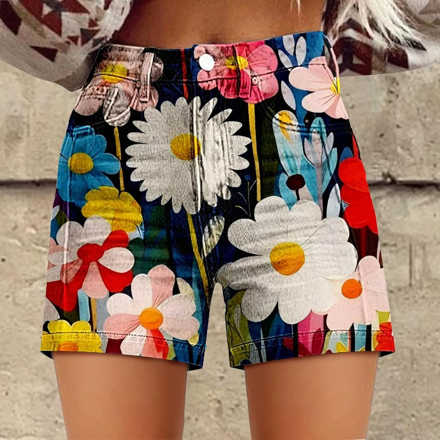 Women Jean Shorts Summer High Waisted Stretchy Denim ArtRetro Printed Distressed Cut Off Casual Shorts with Pockets