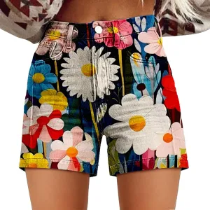 Women Jean Shorts Summer High Waisted Stretchy Denim ArtRetro Printed Distressed Cut Off Casual Shorts with Pockets