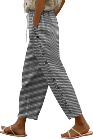 Women Linen Capri Pants Summer Boho with Pockets Wide Leg Cropped Pants for Women Casual Summer Cropped Pants Womens