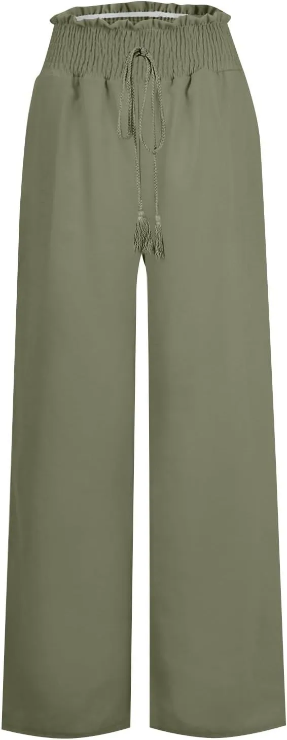 Women Linen Palazzo Pants Summer Boho Wide Leg High Waist Casual Lounge Pant Trousers with Pockets Straight Leg Comfort Pants