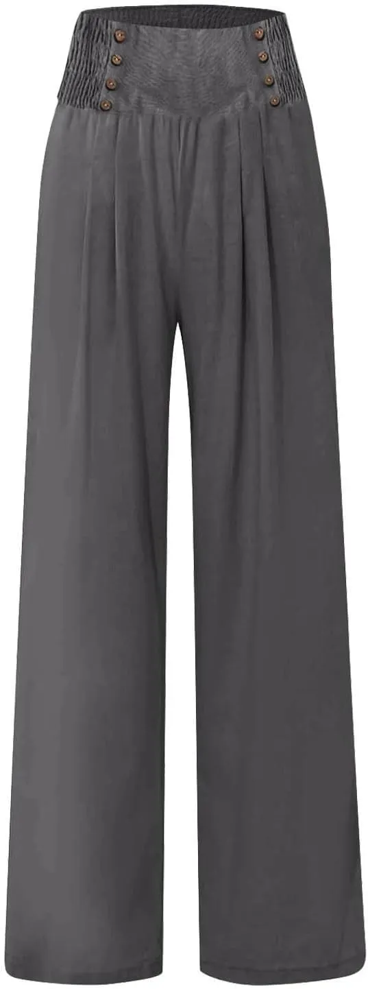 Women Linen Palazzo Pants Summer Boho Wide Leg High Waist Casual Lounge Pant Trousers with Pockets Straight Leg Comfort Pants