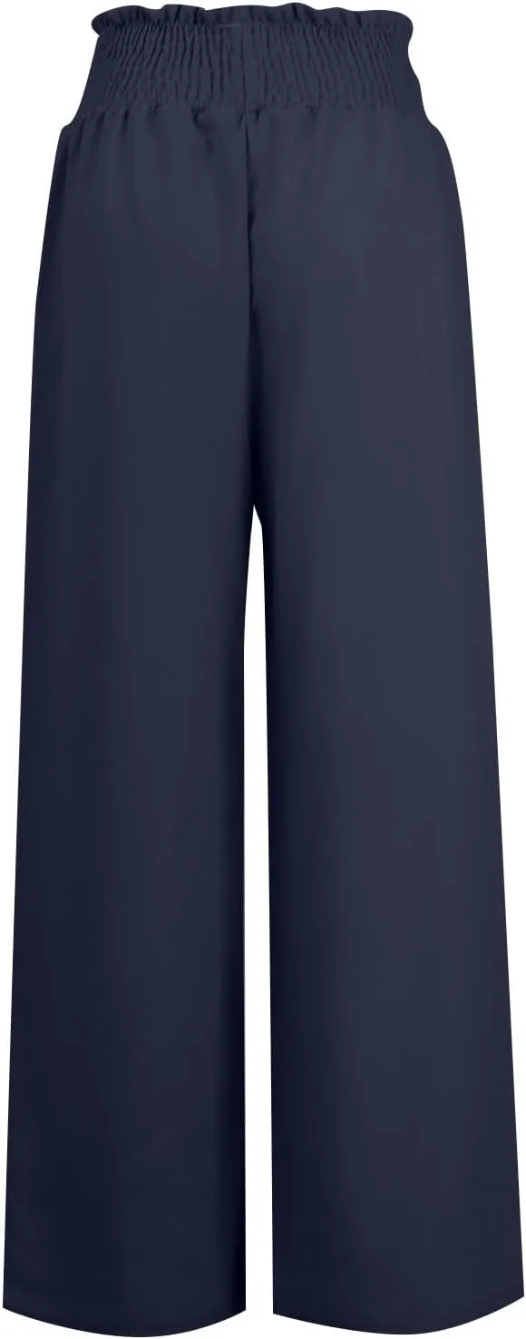 Women Linen Palazzo Pants Summer Boho Wide Leg High Waist Casual Lounge Pant Trousers with Pockets Straight Leg Comfort Pants