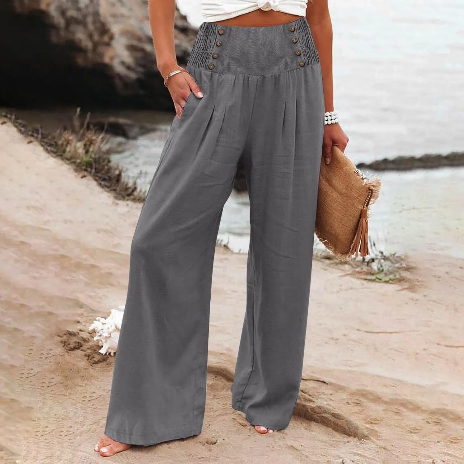 Women Linen Palazzo Pants Summer Boho Wide Leg High Waist Casual Lounge Pant Trousers with Pockets Straight Leg Comfort Pants
