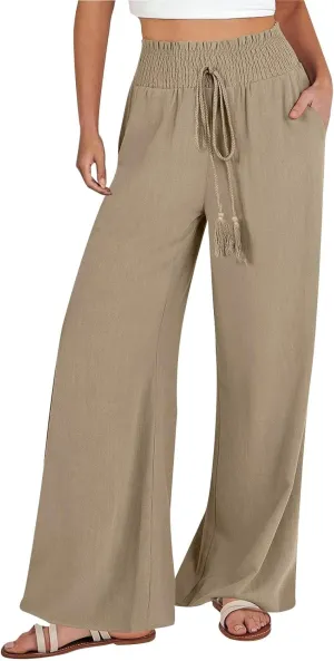 Women Linen Palazzo Pants Summer Boho Wide Leg High Waist Casual Lounge Pant Trousers with Pockets Straight Leg Comfort Pants