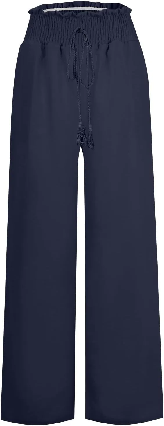 Women Linen Palazzo Pants Summer Boho Wide Leg High Waist Casual Lounge Pant Trousers with Pockets Straight Leg Comfort Pants