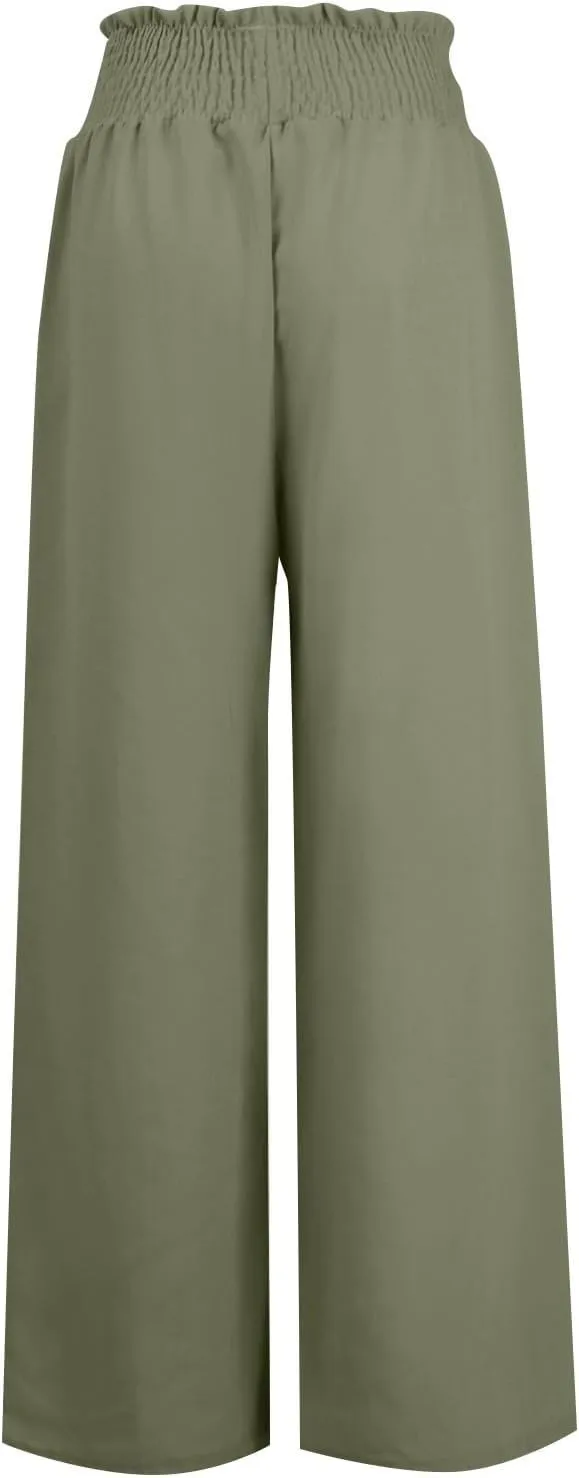Women Linen Palazzo Pants Summer Boho Wide Leg High Waist Casual Lounge Pant Trousers with Pockets Straight Leg Comfort Pants