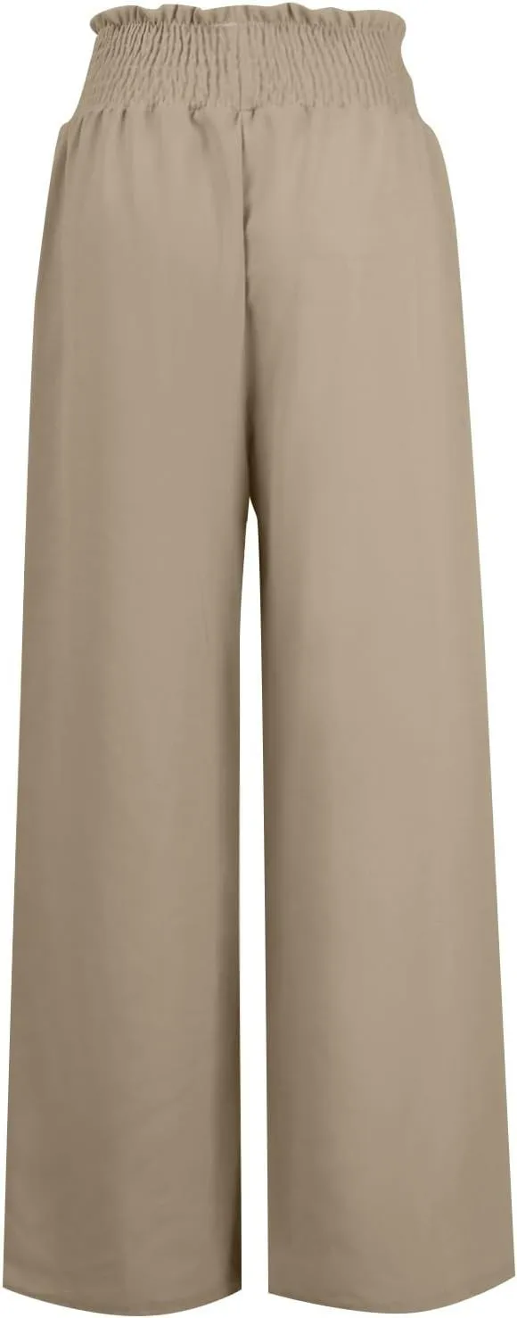 Women Linen Palazzo Pants Summer Boho Wide Leg High Waist Casual Lounge Pant Trousers with Pockets Straight Leg Comfort Pants