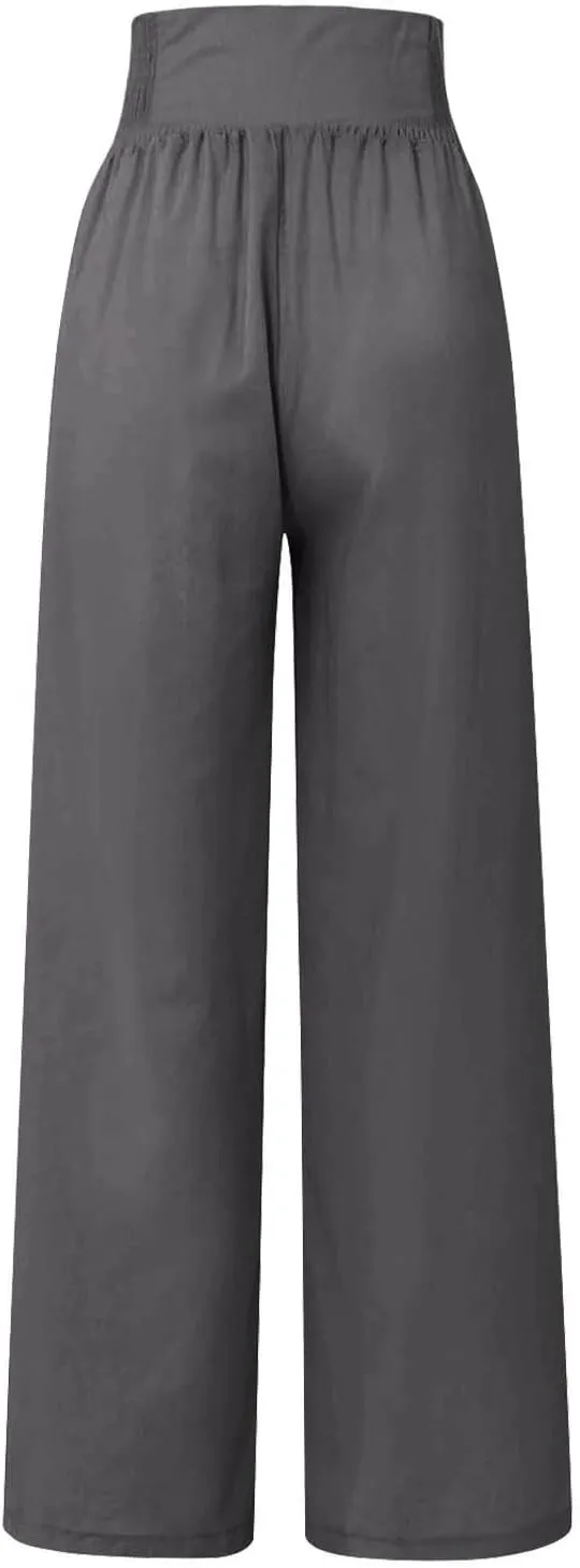 Women Linen Palazzo Pants Summer Boho Wide Leg High Waist Casual Lounge Pant Trousers with Pockets Straight Leg Comfort Pants