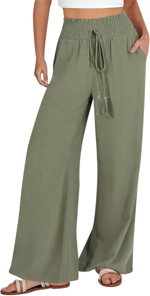 Women Linen Palazzo Pants Summer Boho Wide Leg High Waist Casual Lounge Pant Trousers with Pockets Straight Leg Comfort Pants