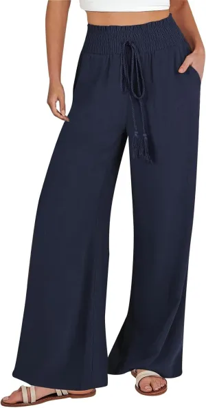 Women Linen Palazzo Pants Summer Boho Wide Leg High Waist Casual Lounge Pant Trousers with Pockets Straight Leg Comfort Pants