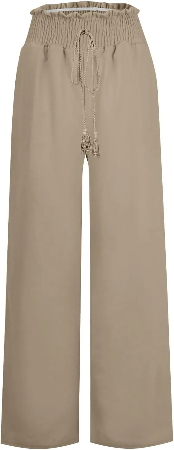 Women Linen Palazzo Pants Summer Boho Wide Leg High Waist Casual Lounge Pant Trousers with Pockets Straight Leg Comfort Pants