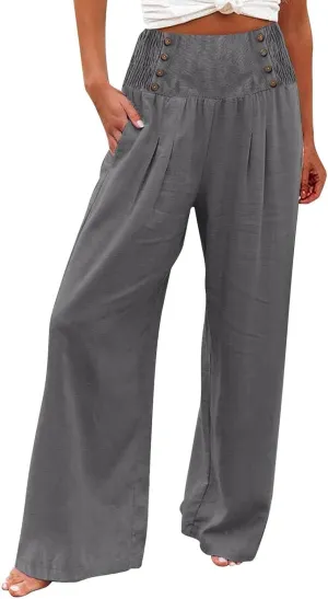 Women Linen Palazzo Pants Summer Boho Wide Leg High Waist Casual Lounge Pant Trousers with Pockets Straight Leg Comfort Pants