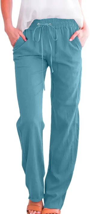 Women Linen Summer Drawstring Pants High Waist Wide Leg Slim Fit Trouser Trendy