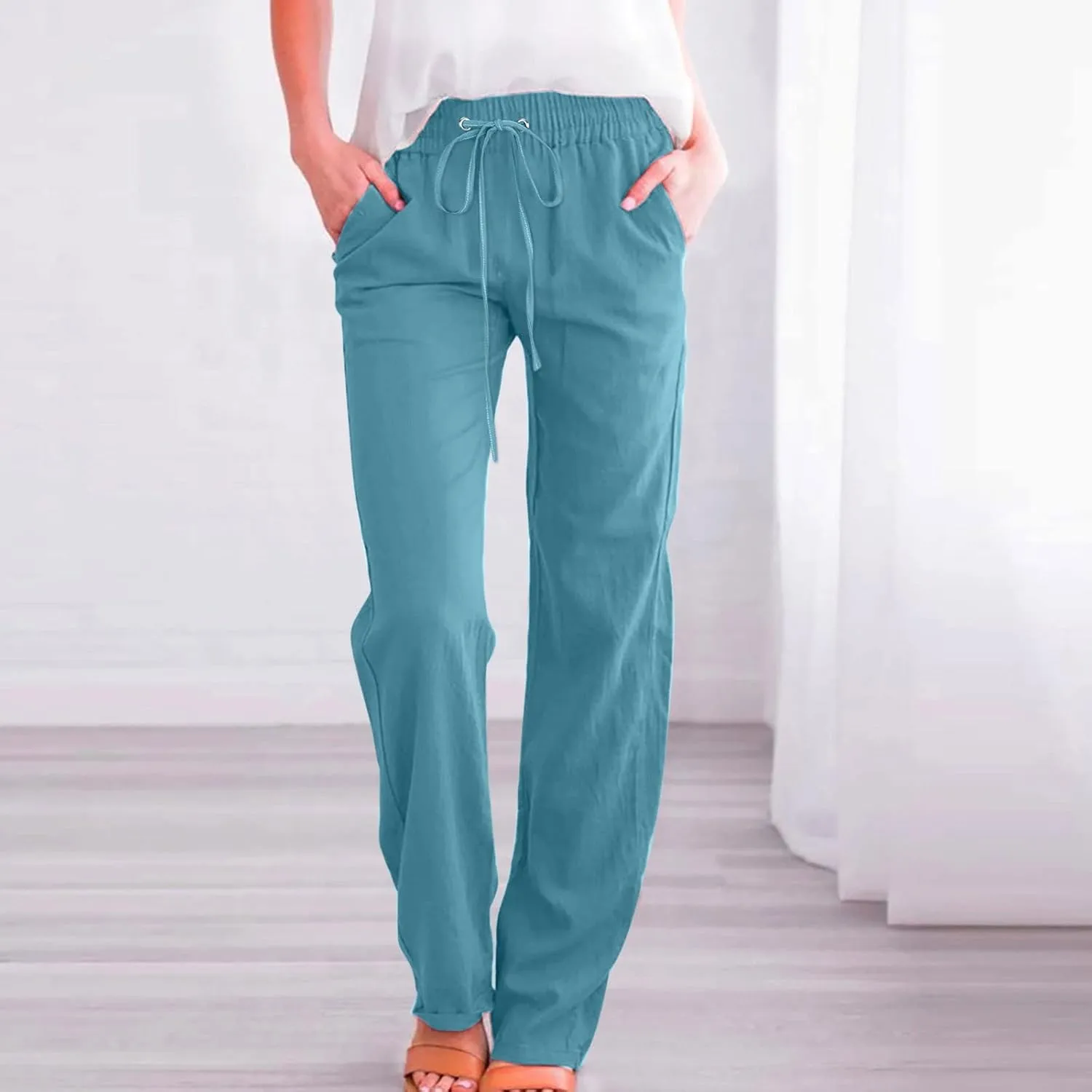 Women Linen Summer Drawstring Pants High Waist Wide Leg Slim Fit Trouser Trendy