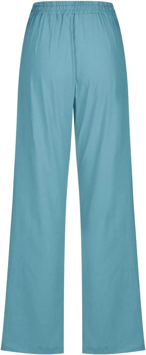 Women Linen Summer Drawstring Pants High Waist Wide Leg Slim Fit Trouser Trendy