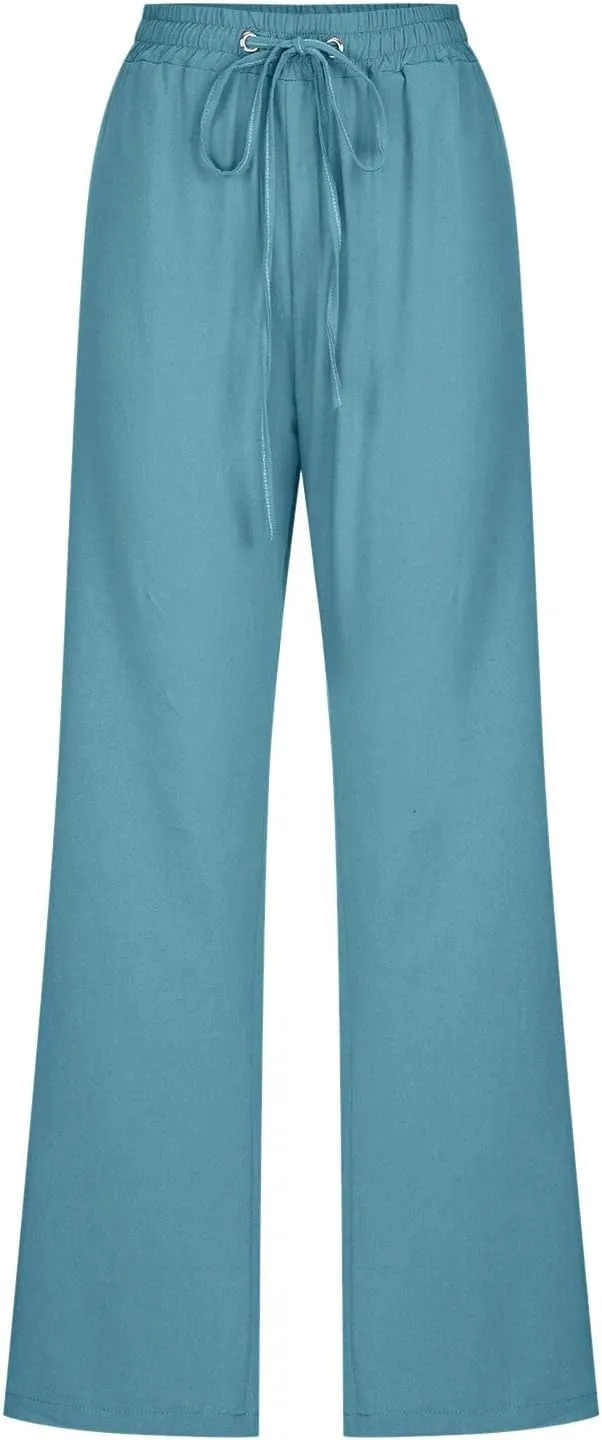 Women Linen Summer Drawstring Pants High Waist Wide Leg Slim Fit Trouser Trendy