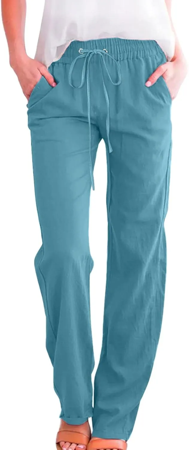 Women Linen Summer Drawstring Pants High Waist Wide Leg Slim Fit Trouser Trendy