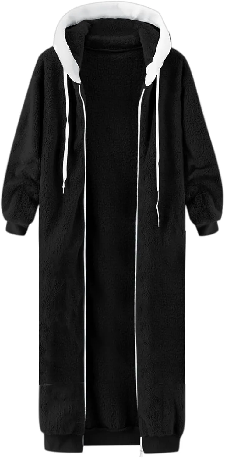 Women Long Sherpa Jacket Plus Size Chunky Warm Full Zip Fuzzy Fleece Hooded Coat Long Sleeve Fluffy Winter Outerwear