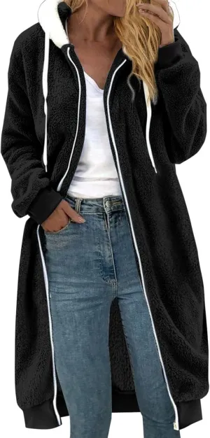 Women Long Sherpa Jacket Plus Size Chunky Warm Full Zip Fuzzy Fleece Hooded Coat Long Sleeve Fluffy Winter Outerwear