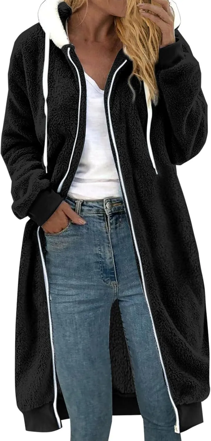 Women Long Sherpa Jacket Plus Size Chunky Warm Full Zip Fuzzy Fleece Hooded Coat Long Sleeve Fluffy Winter Outerwear