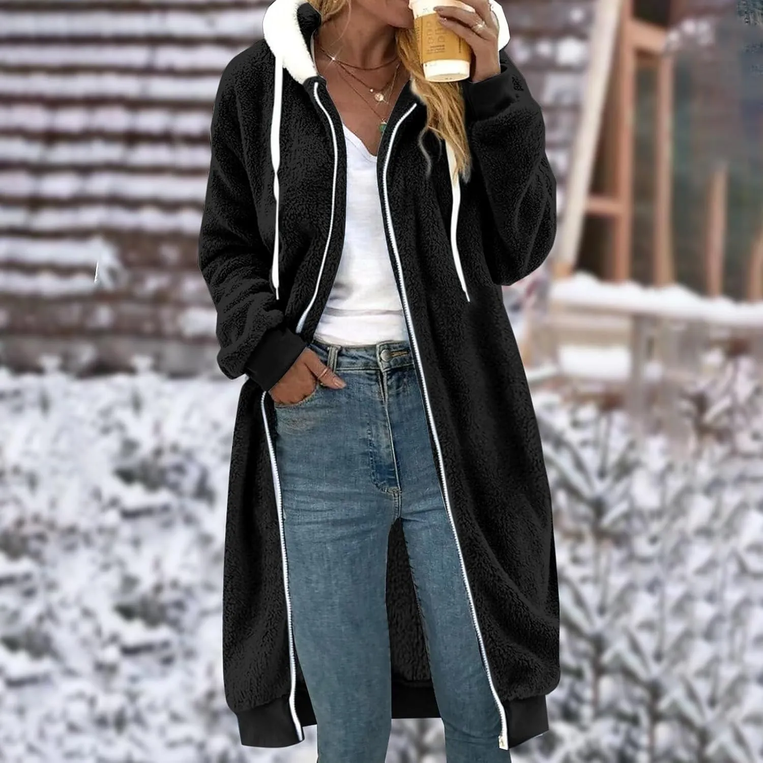 Women Long Sherpa Jacket Plus Size Chunky Warm Full Zip Fuzzy Fleece Hooded Coat Long Sleeve Fluffy Winter Outerwear