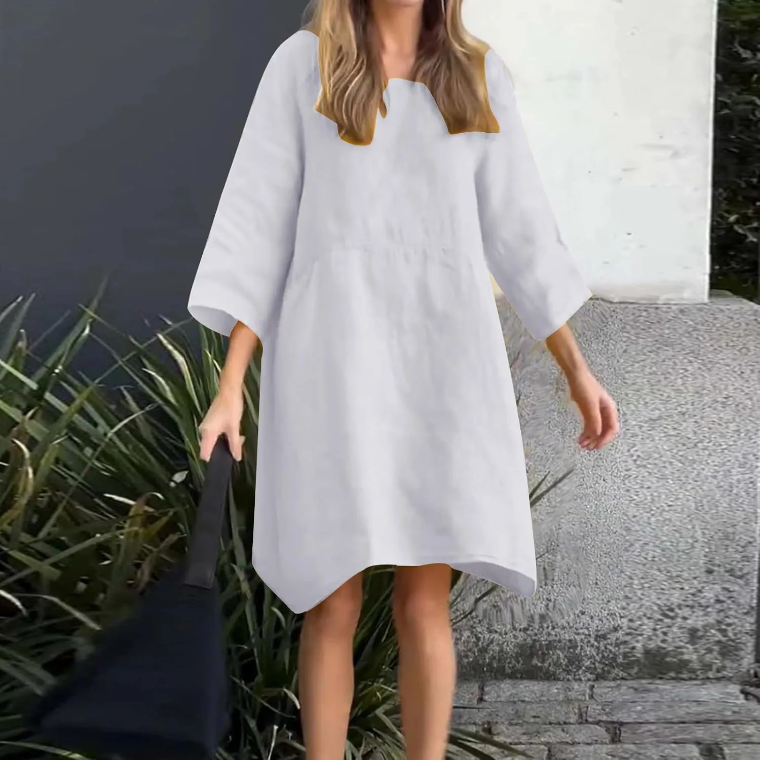 Women Long Sleeve Knee Length Dress Summer Cotton Linen Casual Baggy Dresses Flowy Beach T Shirt Dress with Pockets