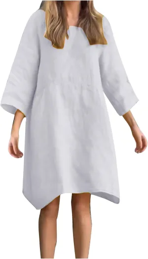 Women Long Sleeve Knee Length Dress Summer Cotton Linen Casual Baggy Dresses Flowy Beach T Shirt Dress with Pockets