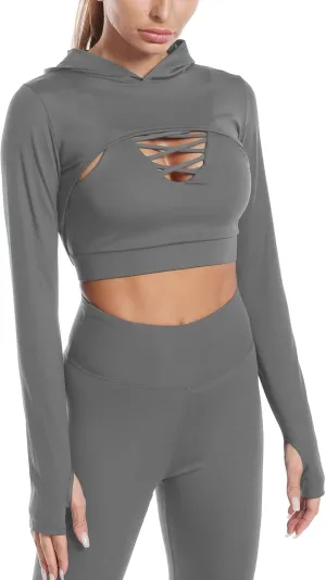 Women Long Sleeve Workout Crop Tops Seamless Yoga Shirts Cutout Shrug Top