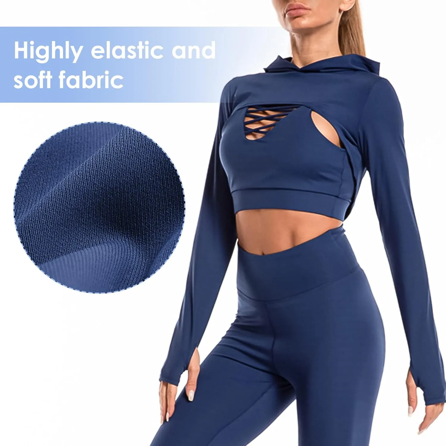 Women Long Sleeve Workout Crop Tops Seamless Yoga Shirts Cutout Shrug Top