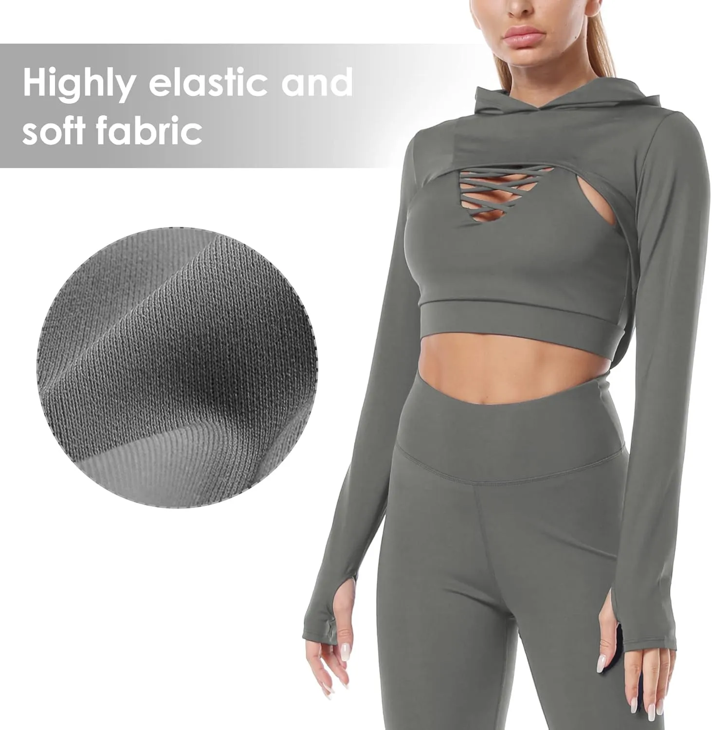 Women Long Sleeve Workout Crop Tops Seamless Yoga Shirts Cutout Shrug Top