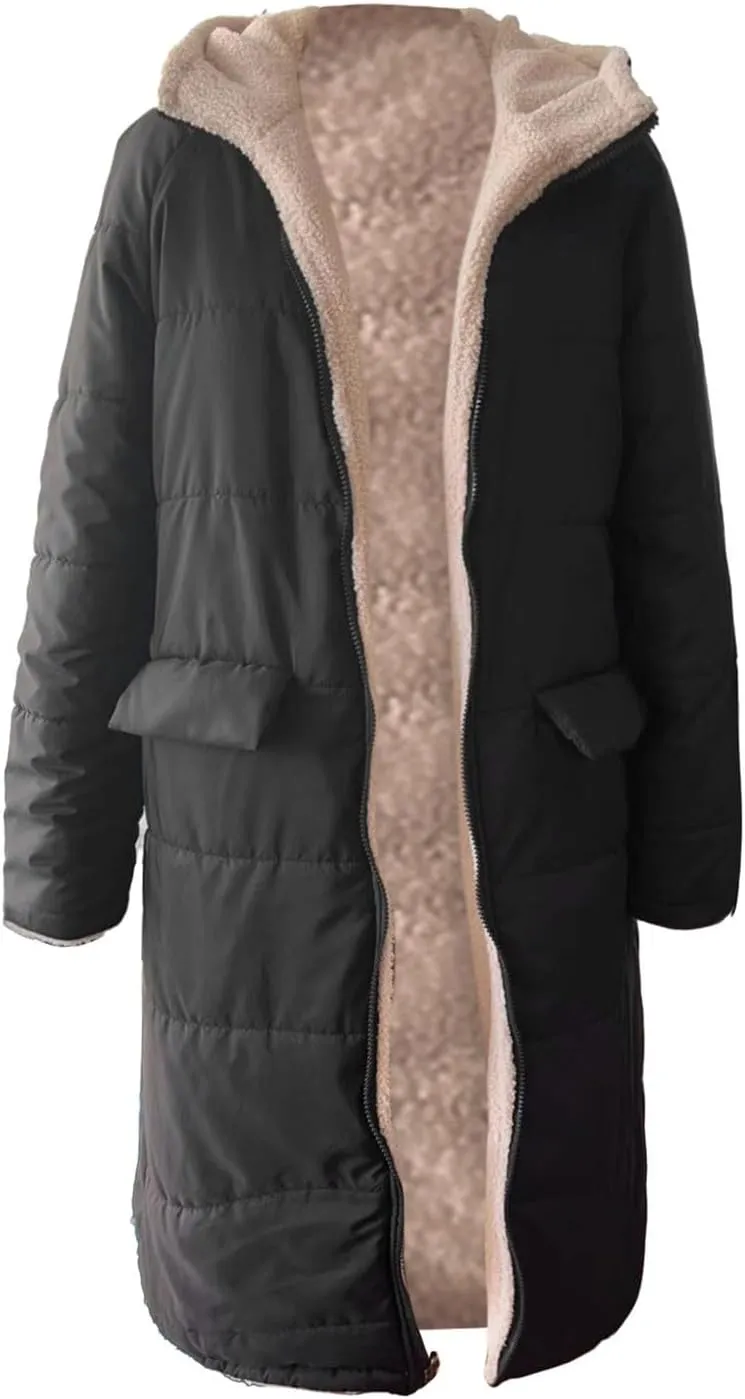 Women Long Winter Jacket Oversize Thicken Warm Stylish Hoodie Down Coat Sherpa Fleece Lined Reversible Puffer Jacket