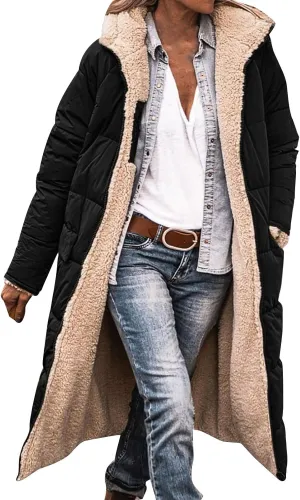 Women Long Winter Jacket Oversize Thicken Warm Stylish Hoodie Down Coat Sherpa Fleece Lined Reversible Puffer Jacket