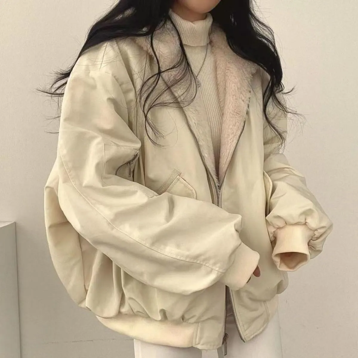 Women Reversible Sherpa Lined Bomber Jacket Vintage Winter Warm Fleece Fuzzy Zip Up Hoodie Windbreaker Streetwear Coat