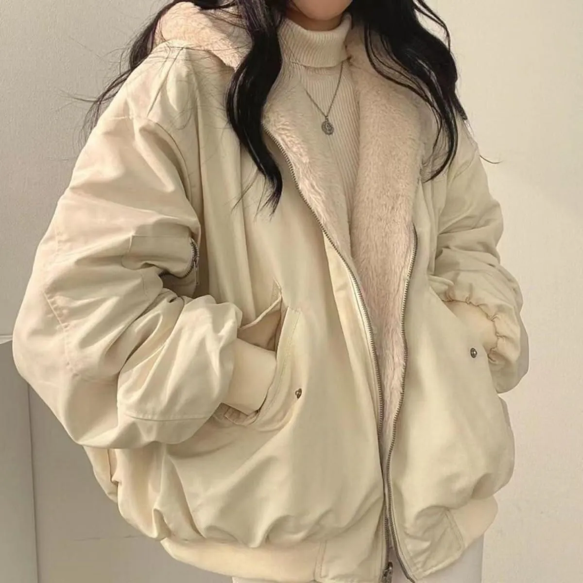 Women Reversible Sherpa Lined Bomber Jacket Vintage Winter Warm Fleece Fuzzy Zip Up Hoodie Windbreaker Streetwear Coat