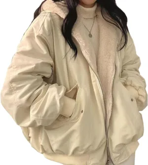 Women Reversible Sherpa Lined Bomber Jacket Vintage Winter Warm Fleece Fuzzy Zip Up Hoodie Windbreaker Streetwear Coat