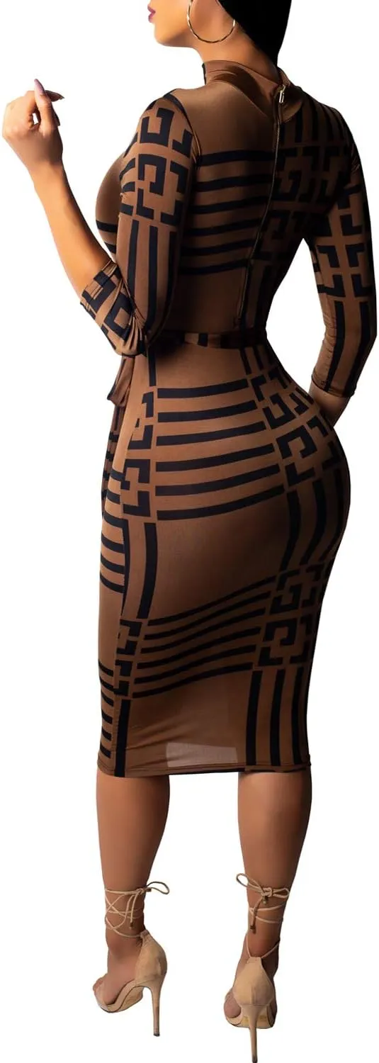 Women Sexy Dresses Bodycon Church 3/4 Sleeve African Print Pencil Party Office Dress Work with Split