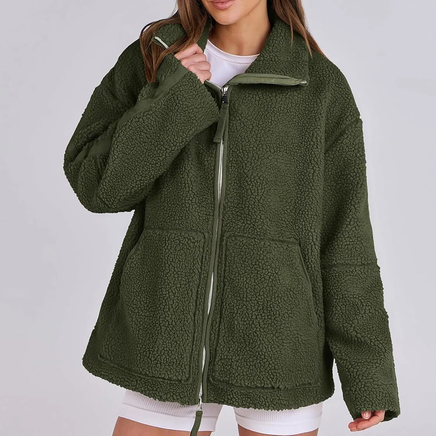 Women Sherpa Fleece Jacket 2024 Fall Winter Trendy Stand Collar Warm Fuzzy Coat Long Sleeve Zip Up Parka with Pockets