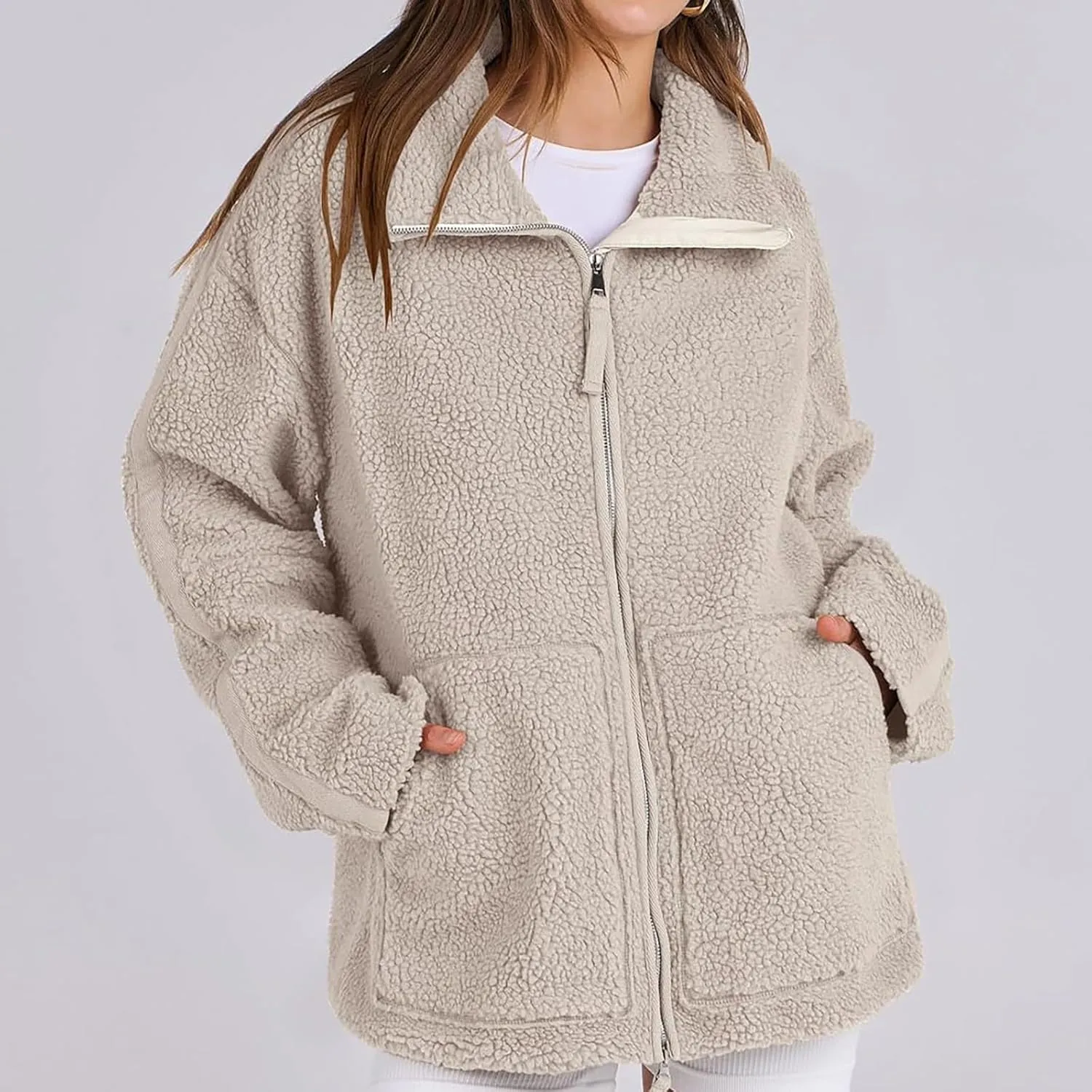 Women Sherpa Fleece Jacket 2024 Fall Winter Trendy Stand Collar Warm Fuzzy Coat Long Sleeve Zip Up Parka with Pockets