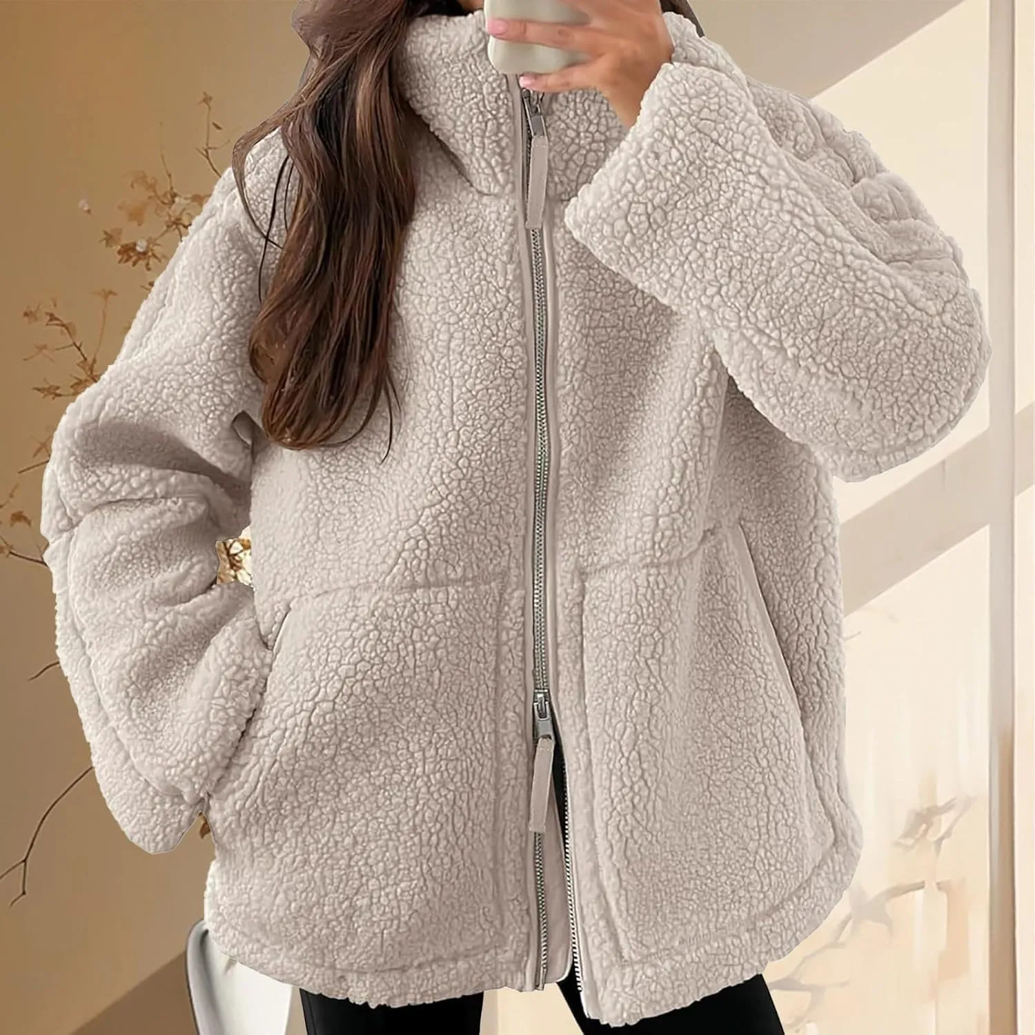 Women Sherpa Fleece Jacket 2024 Fall Winter Trendy Stand Collar Warm Fuzzy Coat Long Sleeve Zip Up Parka with Pockets