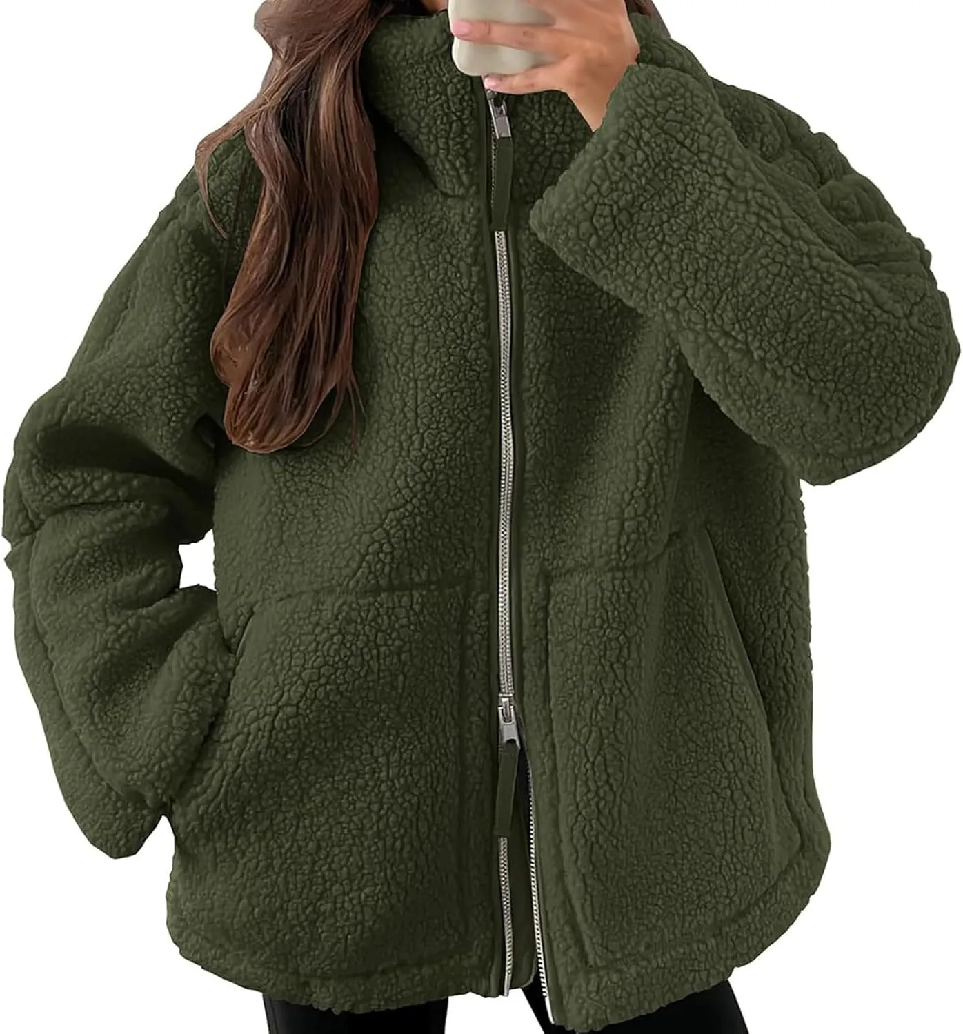 Women Sherpa Fleece Jacket 2024 Fall Winter Trendy Stand Collar Warm Fuzzy Coat Long Sleeve Zip Up Parka with Pockets